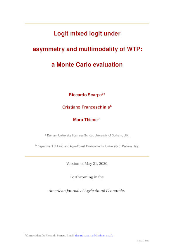 Logit Mixed Logit Under Asymmetry and Multimodality of WTP: a Monte Carlo Evaluation Thumbnail