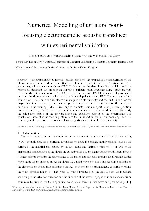 Numerical modelling of unilateral point-focusing electromagnetic acoustic transducer with experimental validation Thumbnail