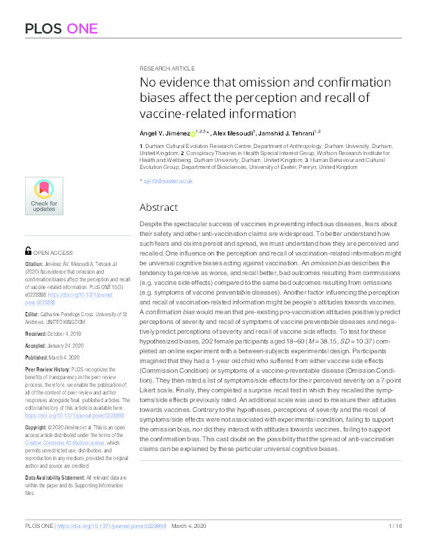 No Evidence that Omission and Confirmation Biases Affect the Perception and Recall of Vaccine-related Information Thumbnail