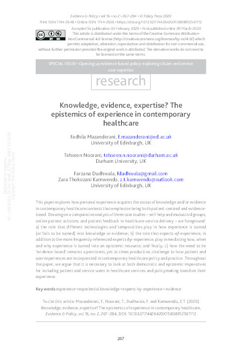 Knowledge, evidence, expertise? The epistemics of experience in contemporary healthcare Thumbnail