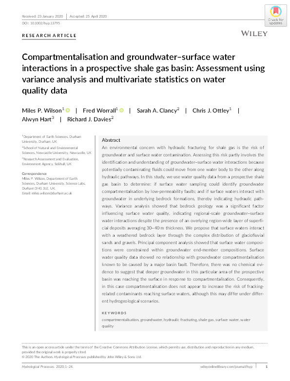 Compartmentalisation and groundwater‐surface water interactions in a prospective shale gas basin: Assessment using variance analysis and multivariate statistics on water quality data Thumbnail
