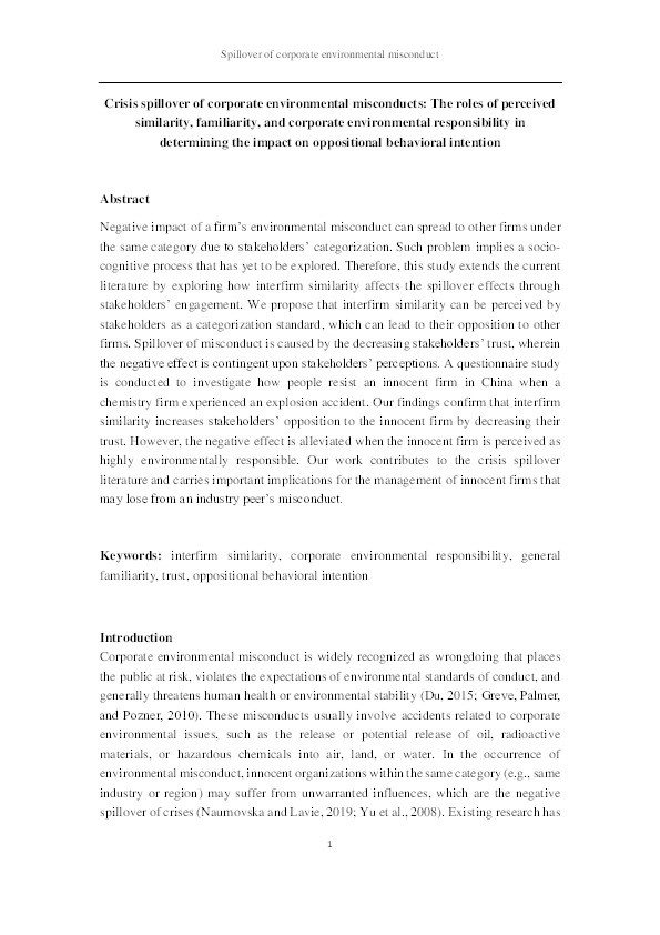 Crisis spillover of corporate environmental misconducts: The roles of perceived similarity, familiarity, and corporate environmental responsibility in determining the impact on oppositional behavioral intention Thumbnail