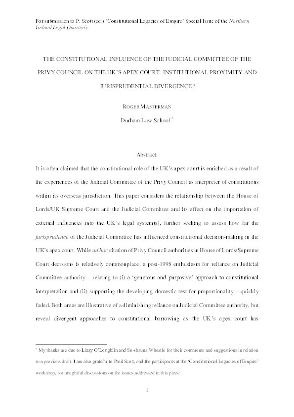 The Constitutional Influence of the Judicial Committee of the Privy Council on the UK’s Apex Court: Institutional Proximity and Jurisprudential Divergence? Thumbnail