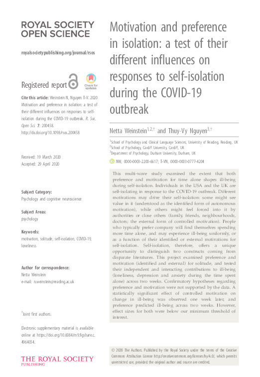 Motivation and preference in isolation: a test of their different influences on responses to self-isolation during the COVID-19 outbreak Thumbnail