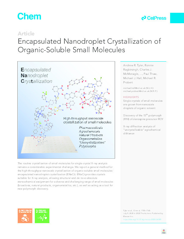 Encapsulated Nanodroplet Crystallization of Organic-Soluble Small Molecules Thumbnail