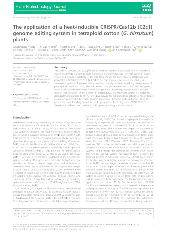The application of a heat‐inducible CRISPR/Cas12b (C2c1) genome editing system in tetraploid cotton (G.hirsutum) plants Thumbnail