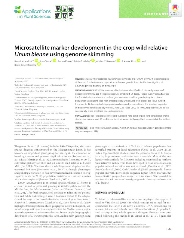 Microsatellite marker development in the crop wild relative Linum bienne using genome skimming Thumbnail