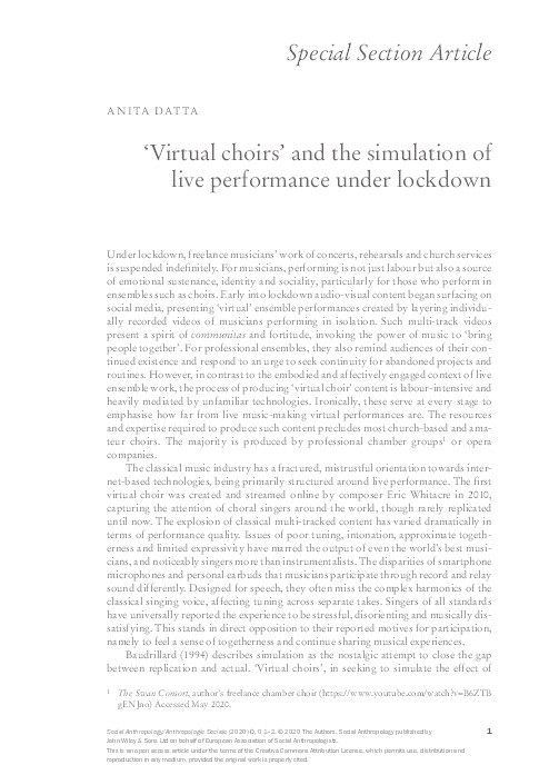 ‘Virtual choirs’ and the simulation of live performance under lockdown Thumbnail