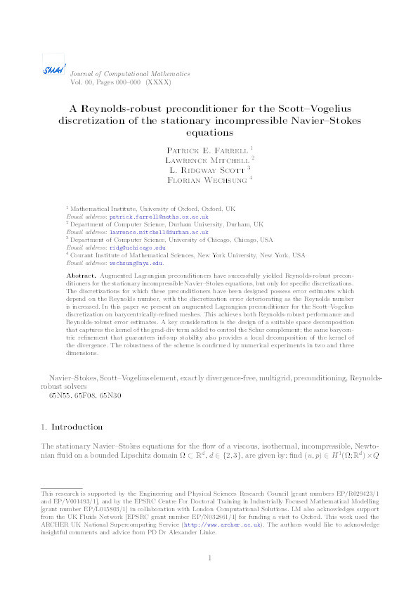 A Reynolds-robust preconditioner for the Scott-Vogelius discretization of the stationary incompressible Navier-Stokes equations Thumbnail