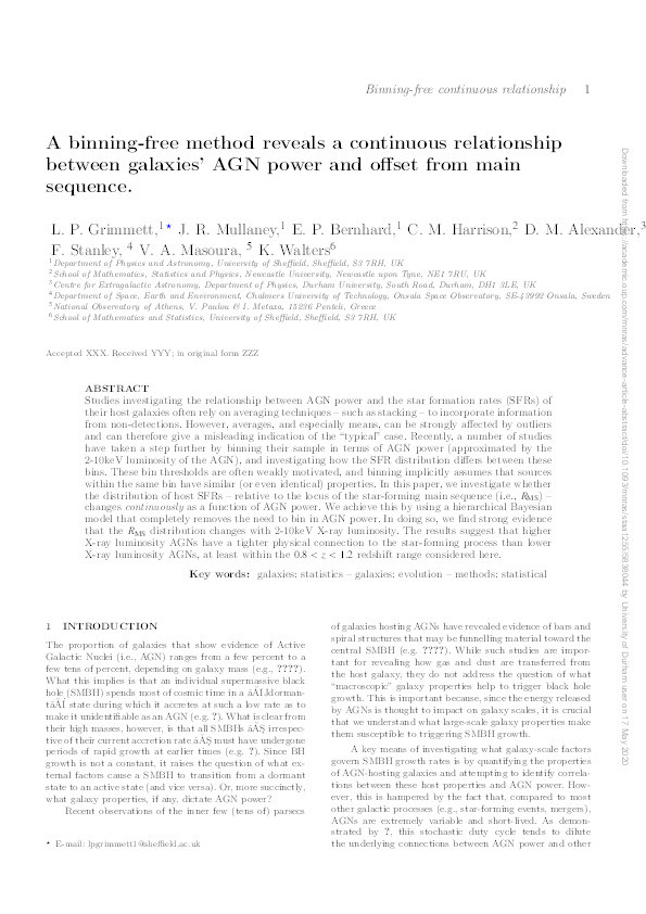 A binning-free method reveals a continuous relationship between galaxies’ AGN power and offset from main sequence Thumbnail