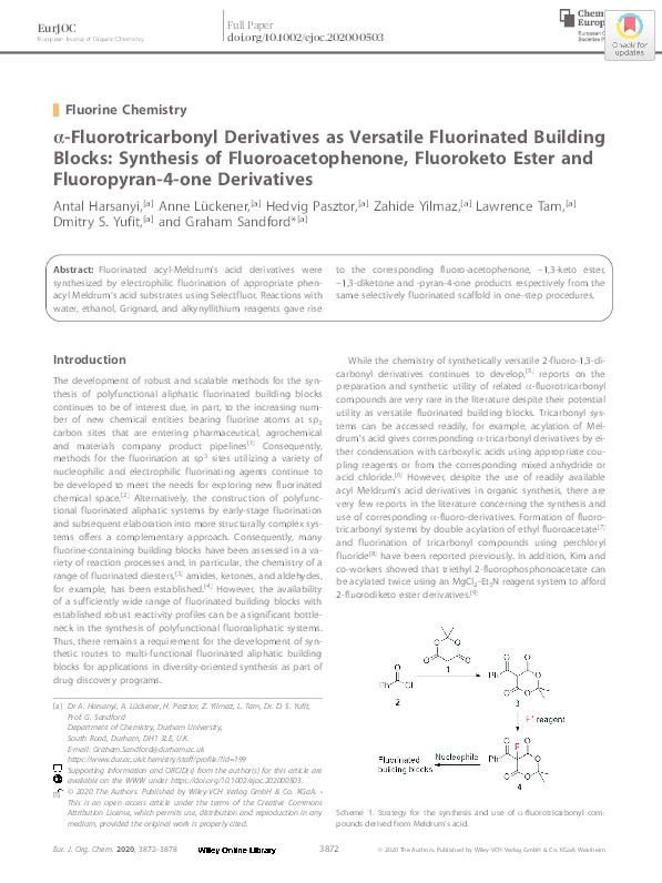 a-Fluorotricarbonyl derivatives as versatile fluorinated building blocks: synthesis of fluoro-acetophenone, fluoro-ketoester and fluoro-pyran-4-one derivatives Thumbnail