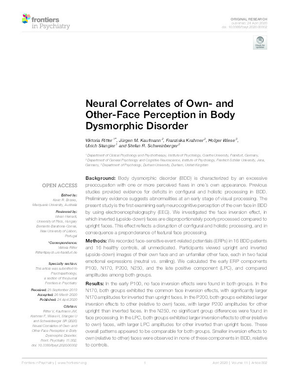 Neural Correlates of Own- and Other-Face Perception in Body Dysmorphic Disorder Thumbnail