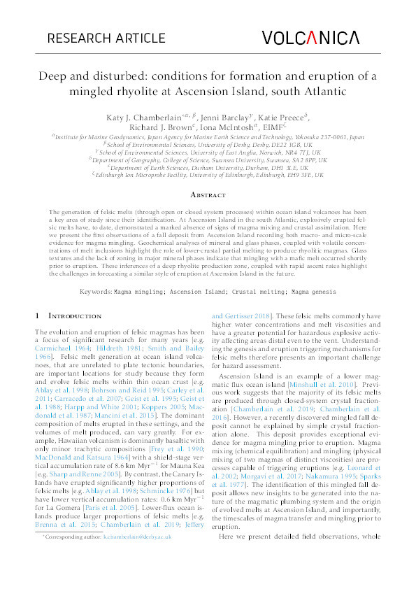 Deep and disturbed: conditions for formation and eruption of a mingled rhyolite at Ascension Island, south Atlantic Thumbnail