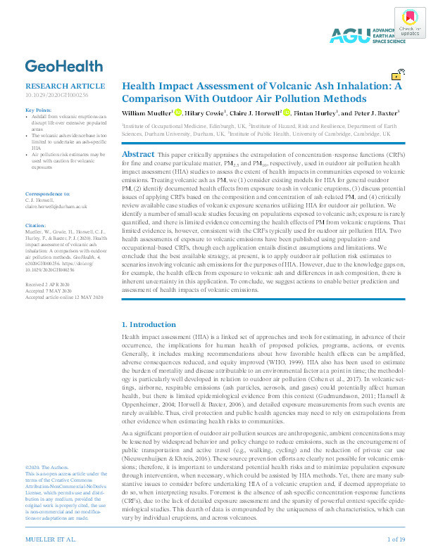 Health Impact Assessment of volcanic ash inhalation: A comparison with outdoor air pollution methods Thumbnail