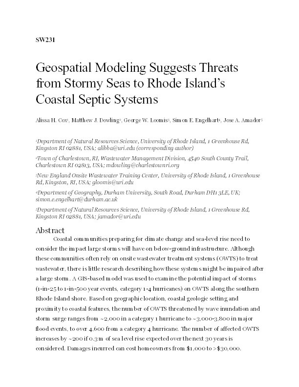 Geospatial modeling suggests threats from stormy seas to Rhode Island's coastal septic systems Thumbnail