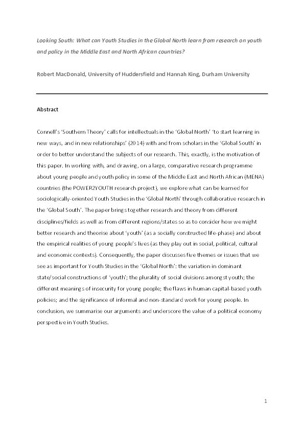 Looking South: What can Youth Studies in the Global North learn from research on youth and policy in the Middle East and North African countries? Thumbnail