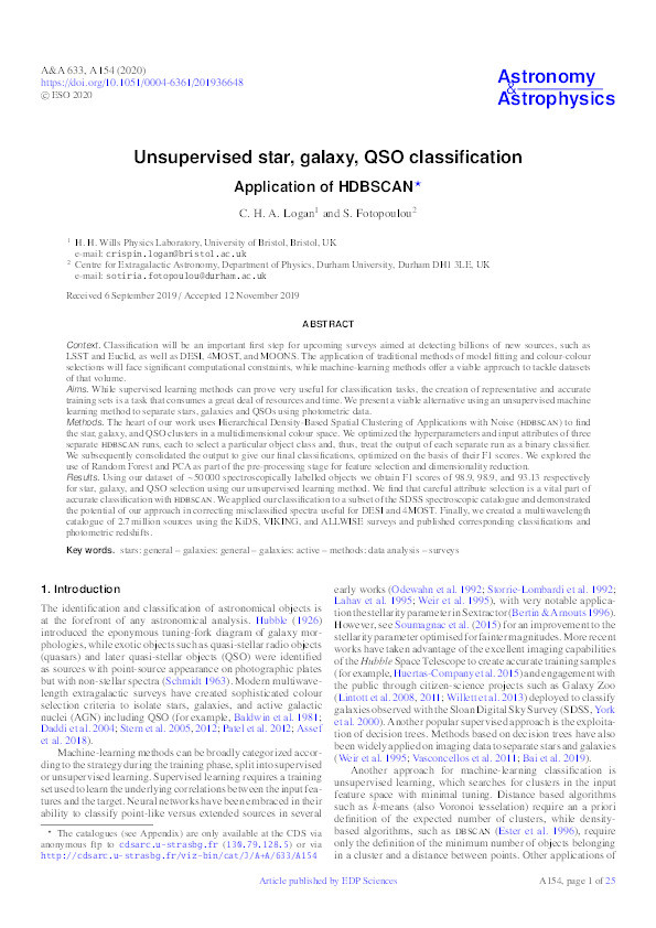 Unsupervised star, galaxy, QSO classification: Application of HDBSCAN Thumbnail
