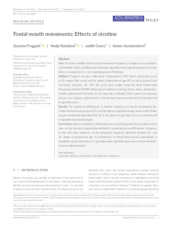 Foetal mouth movements: Effects of nicotine Thumbnail
