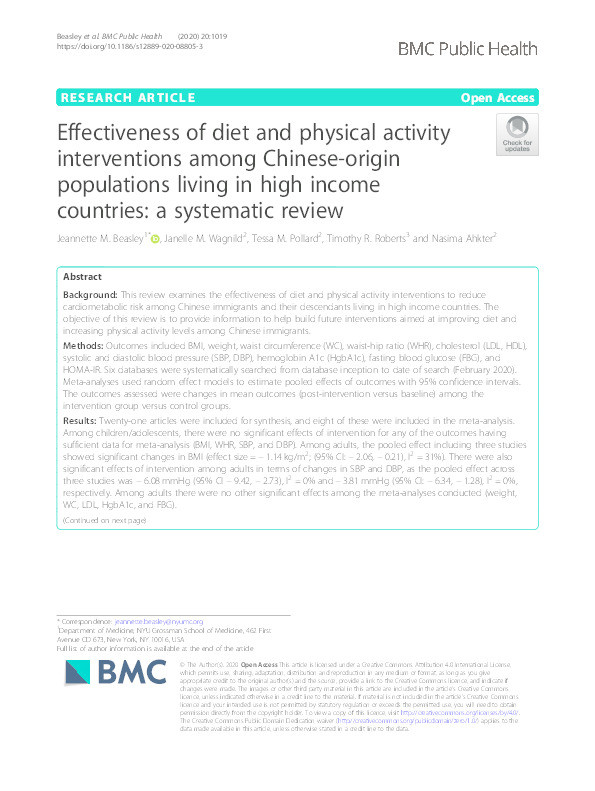 Effectiveness of diet and physical activity interventions among Chinese-origin populations living in high income countries: a systematic review Thumbnail