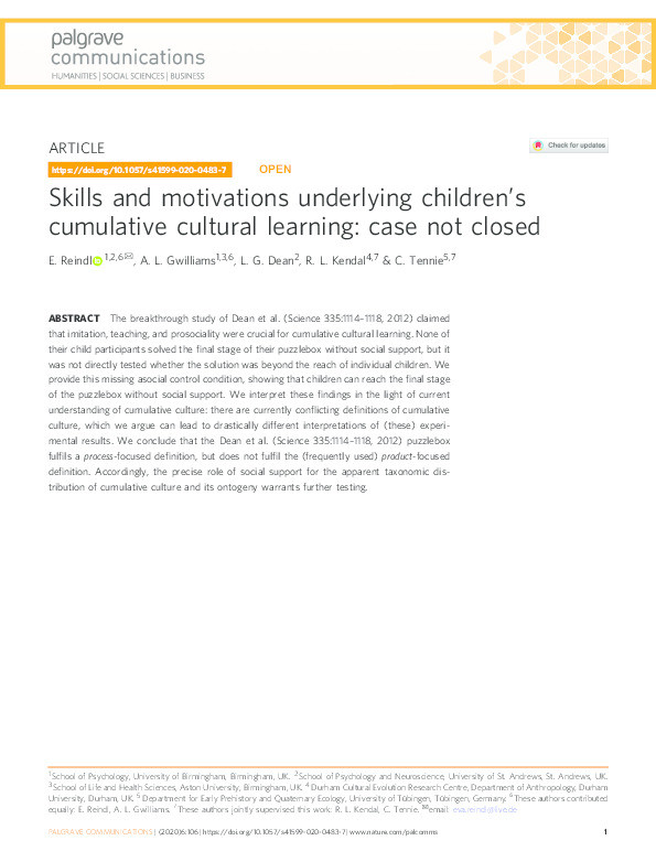 Skills and motivations underlying children's cumulative cultural learning: case not closed Thumbnail