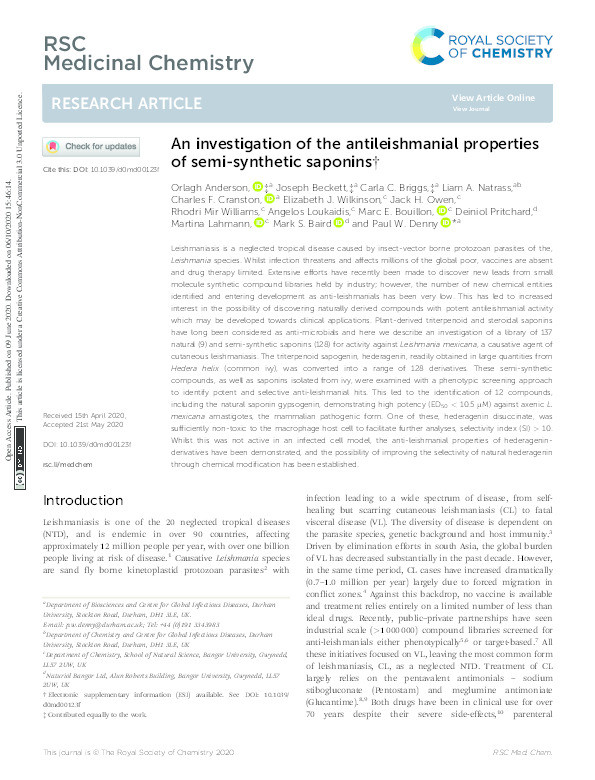 An investigation of the antileishmanial properties of semi-synthetic saponins Thumbnail