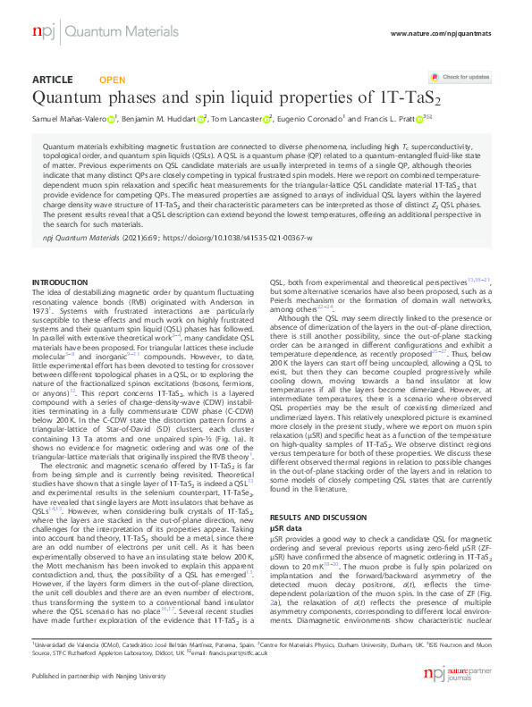 Quantum phases and spin liquid properties of 1T-TaS2 Thumbnail