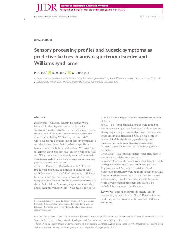 Sensory Processing Profiles and Autistic Symptoms as Predictive Factors in Autism Spectrum Disorder and Williams Syndrome Thumbnail