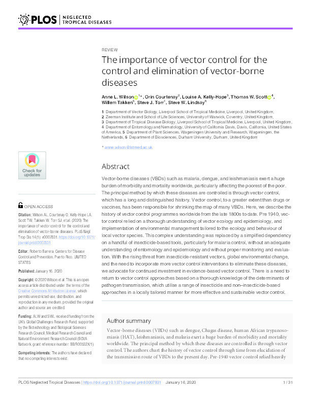 The importance of vector control for the control and elimination of vector-borne diseases Thumbnail