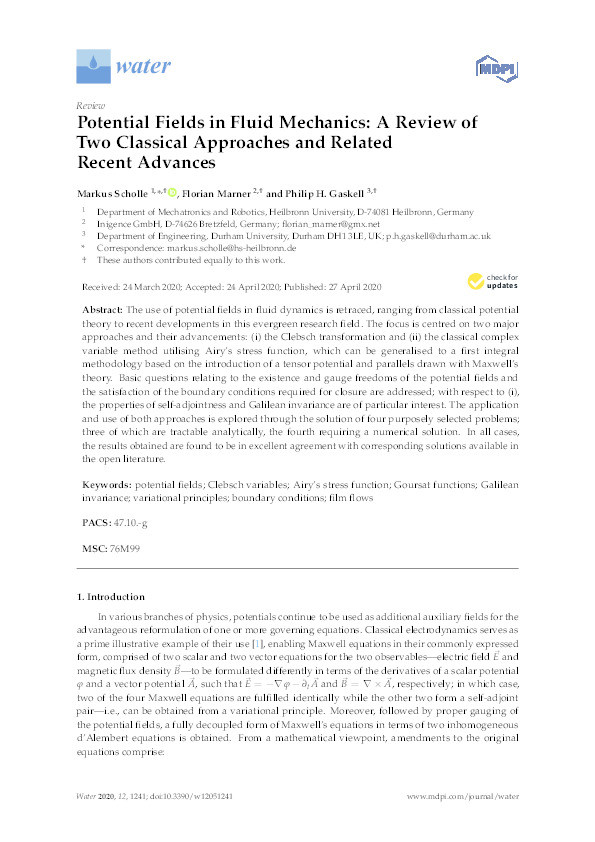 Potential Fields in Fluid Mechanics: A Review of Two Classical Approaches and Related Recent Advances Thumbnail
