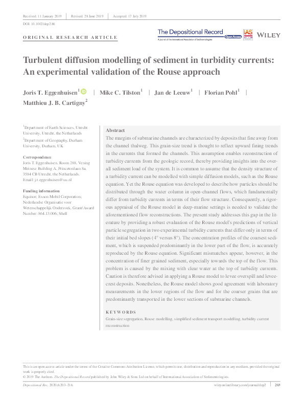 Turbulent diffusion modelling of sediment in turbidity currents: An experimental validation of the Rouse approach Thumbnail