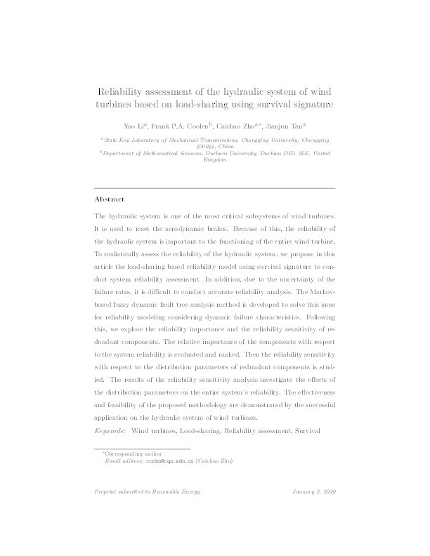 Reliability assessment of the hydraulic system of wind turbines based on load-sharing using survival signature Thumbnail