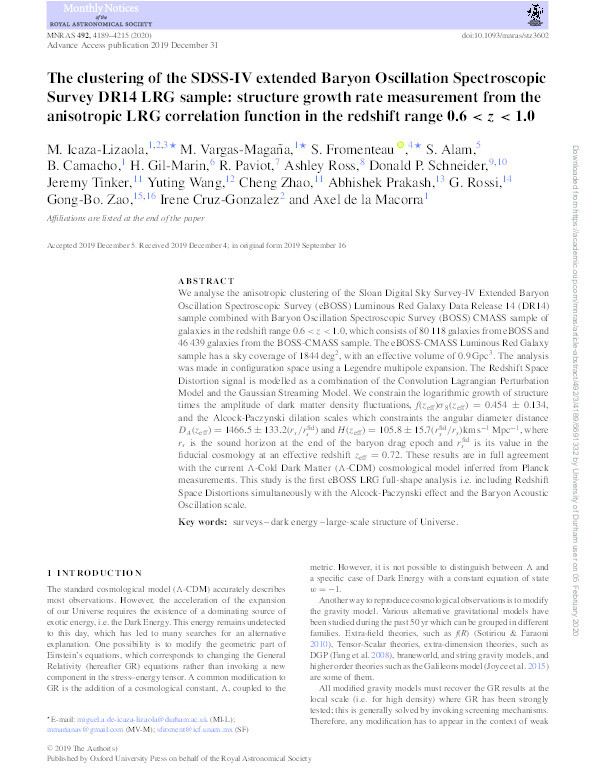 The clustering of the SDSS-IV extended Baryon Oscillation Spectroscopic Survey DR14 LRG sample: structure growth rate measurement from the anisotropic LRG correlation function in the redshift range 0.6 < z < 1.0 Thumbnail