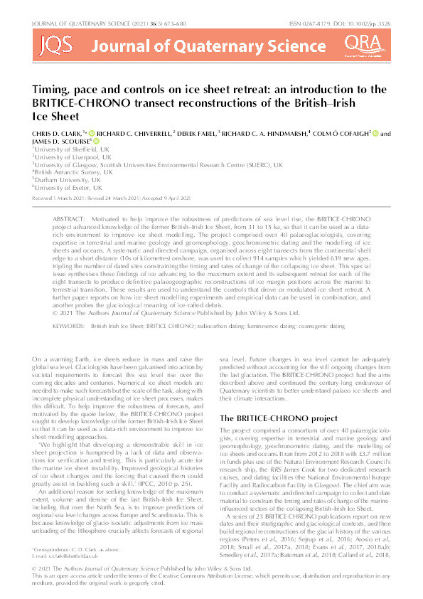 Timing, pace and controls on ice sheet retreat: an introduction to the BRITICE‐CHRONO transect reconstructions of the British–Irish Ice Sheet Thumbnail