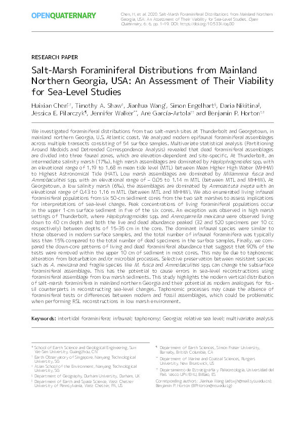 Salt-marsh foraminiferal distributions from mainland northern Georgia, USA: an assessment of their viability for sea-level studies Thumbnail