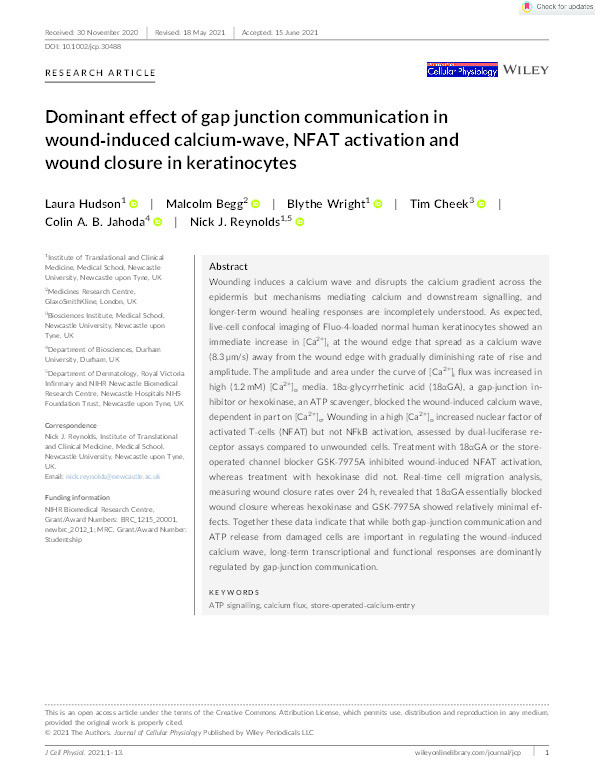 Dominant effect of gap junction communication in wound‐induced calcium‐wave, NFAT activation and wound closure in keratinocytes Thumbnail