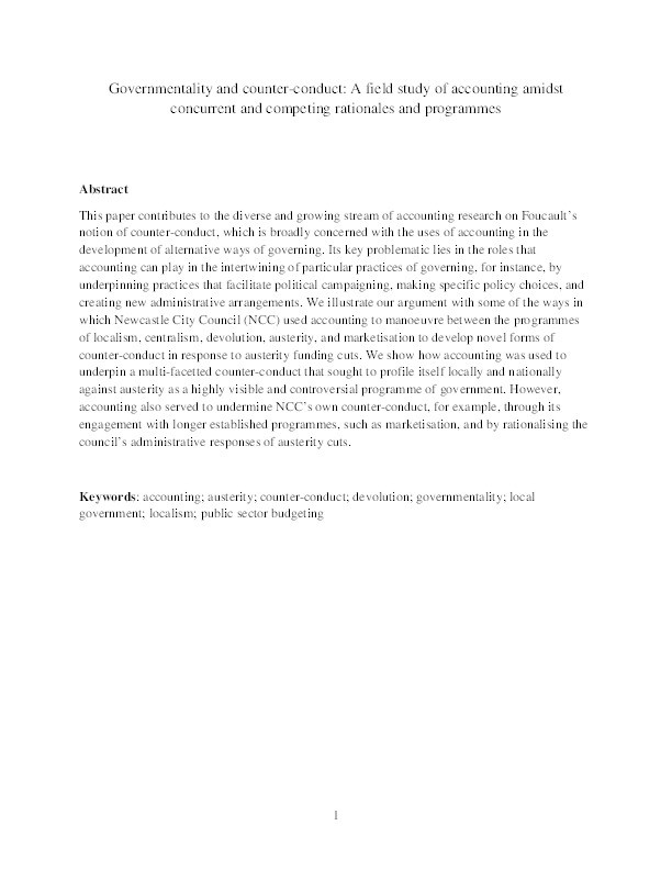 Governmentality and counter-conduct: A field study of accounting amidst concurrent and competing rationales and programmes Thumbnail