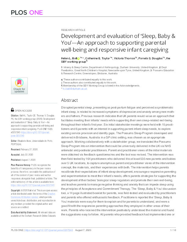 Development and evaluation of 'Sleep, Baby & You' -- a discussion tool to support parental well-being and responsive care-giving Thumbnail