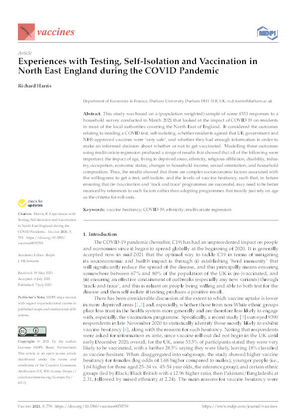 Experiences with Testing, Self-isolation and Vaccination in North East England during the COVID pandemic Thumbnail