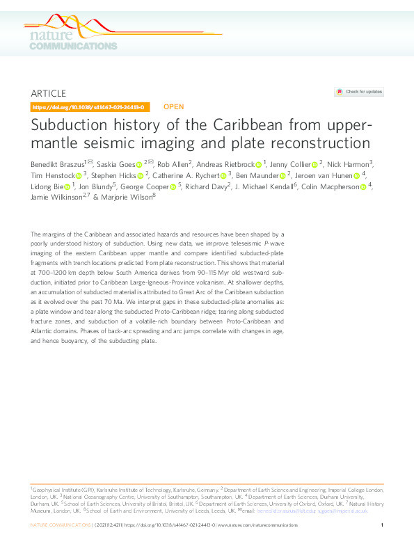 Subduction history of the Caribbean from upper-mantle seismic imaging and plate reconstruction Thumbnail