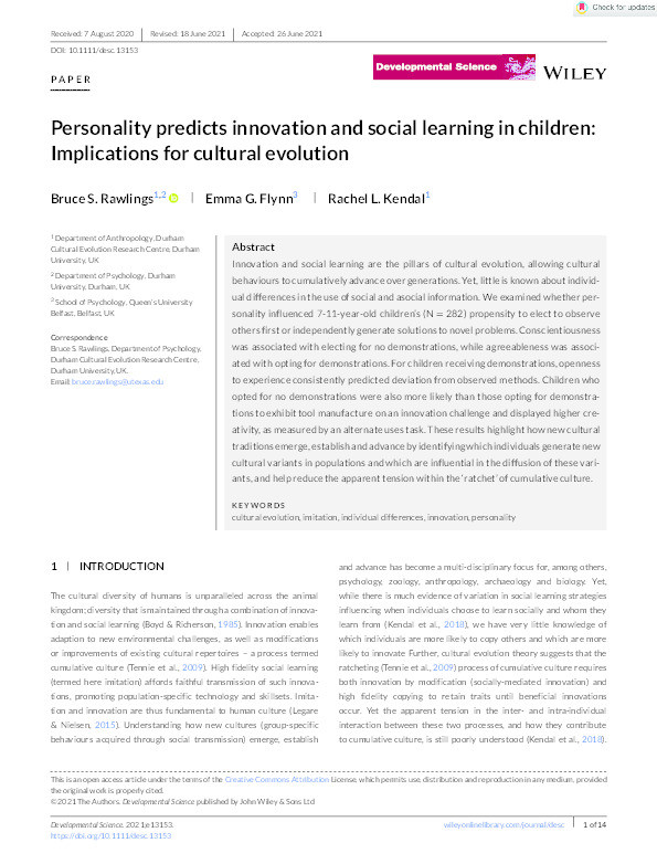Personality predicts innovation and social learning in children: implications for cultural evolution Thumbnail