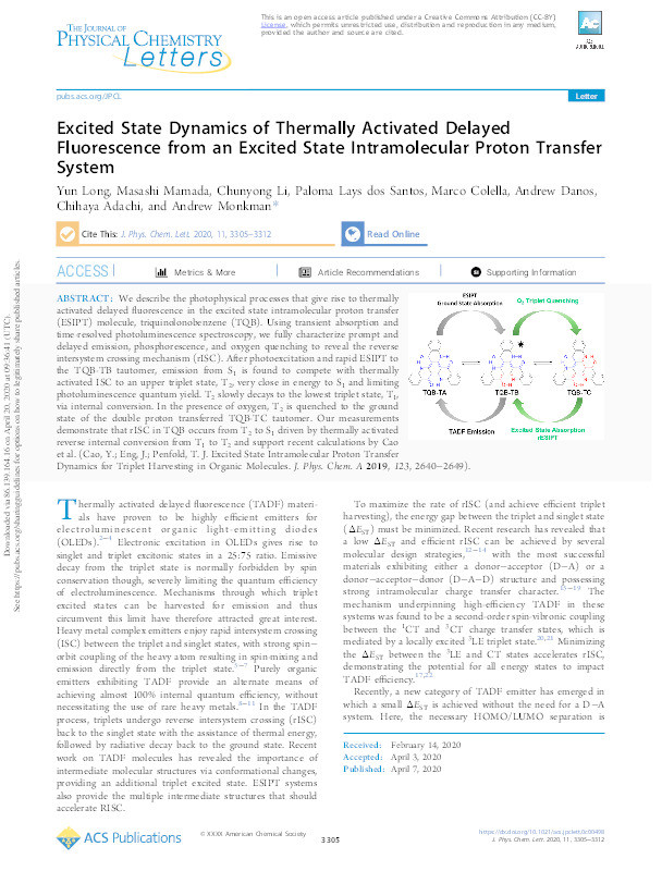 Excited State Dynamics of Thermally Activated Delayed Fluorescence from an Excited State Intramolecular Proton Transfer System Thumbnail