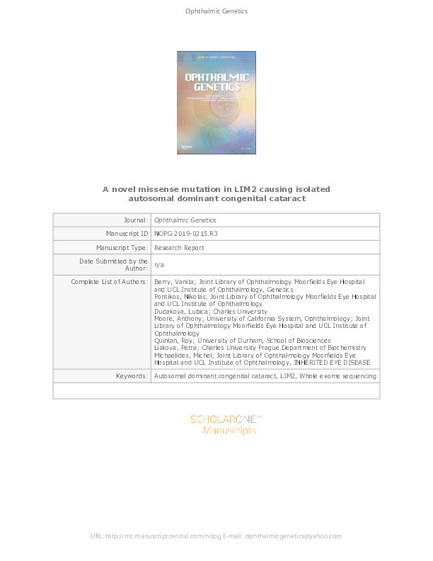 A novel missense mutation in LIM2 causing isolated autosomal dominant congenital cataract Thumbnail