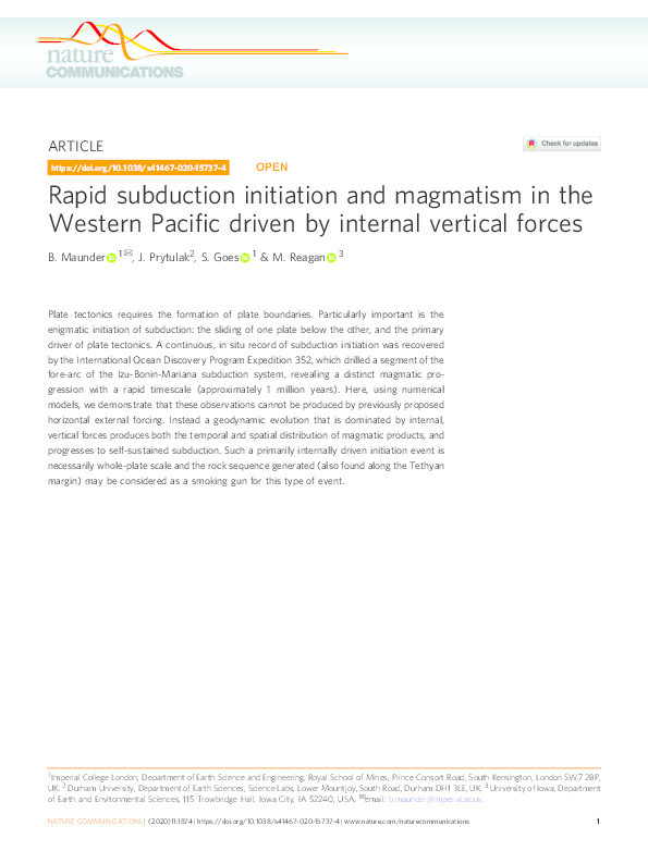 Rapid subduction initiation and magmatism in the Western Pacific driven by internal vertical forces Thumbnail