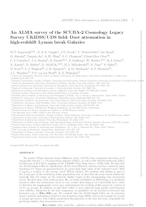 An ALMA survey of the SCUBA-2 Cosmology Legacy Survey UKIDSS/UDS field: Dust attenuation in high-redshift Lyman break Galaxies Thumbnail