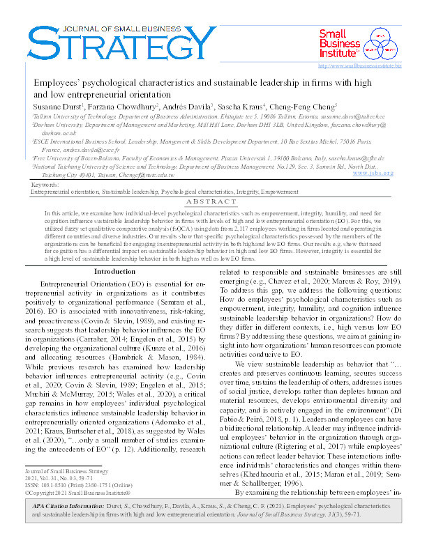 Employees’ psychological characteristics and sustainable leadership in firms with high and low entrepreneurial orientation Thumbnail