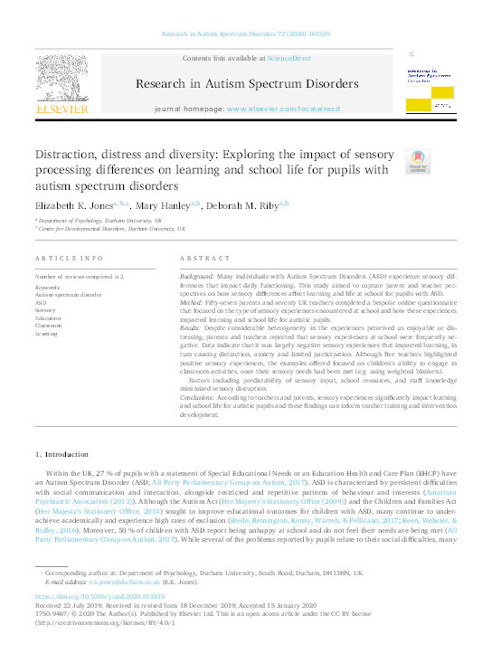 Distraction, Distress and Diversity: Exploring the impact of sensory processing differences on learning and school life for pupils with autism spectrum disorders Thumbnail