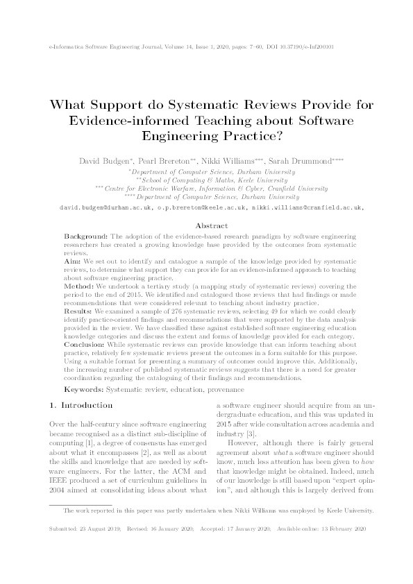 What support do systematic reviews provide for evidence-informed teaching about software engineering practice? Thumbnail