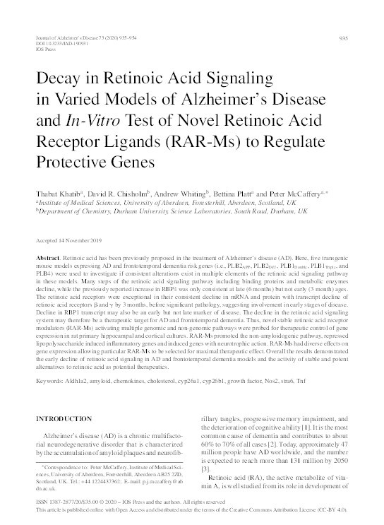 Decay in Retinoic Acid Signaling in Varied Models of Alzheimer’s Disease and In-Vitro Test of Novel Retinoic Acid Receptor Ligands (RAR-Ms) to Regulate Protective Genes Thumbnail