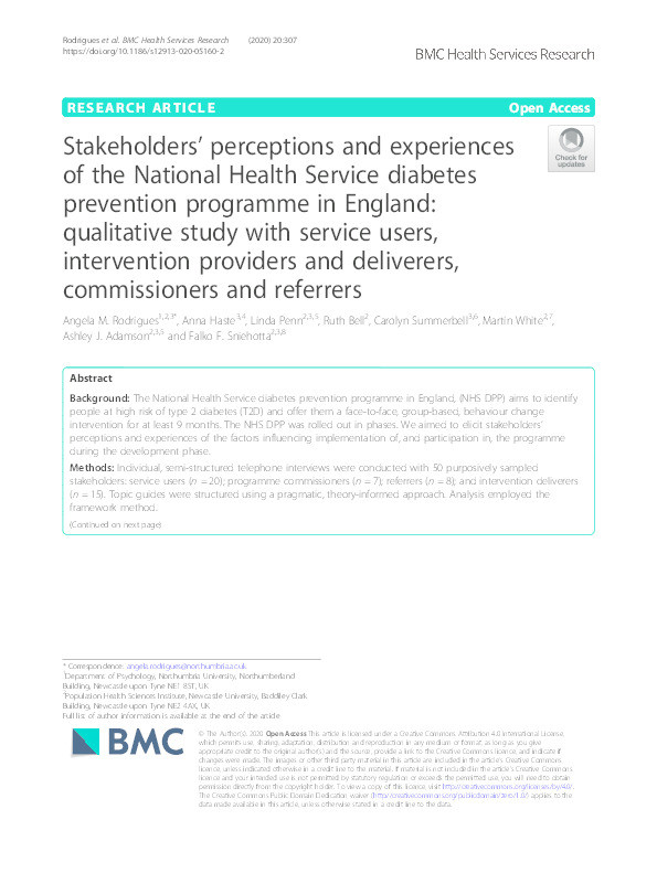 Stakeholders' perceptions and experiences of the National Health Service diabetes prevention programme in England: qualitative study with service users, intervention providers and deliverers, commissioners and referrers Thumbnail