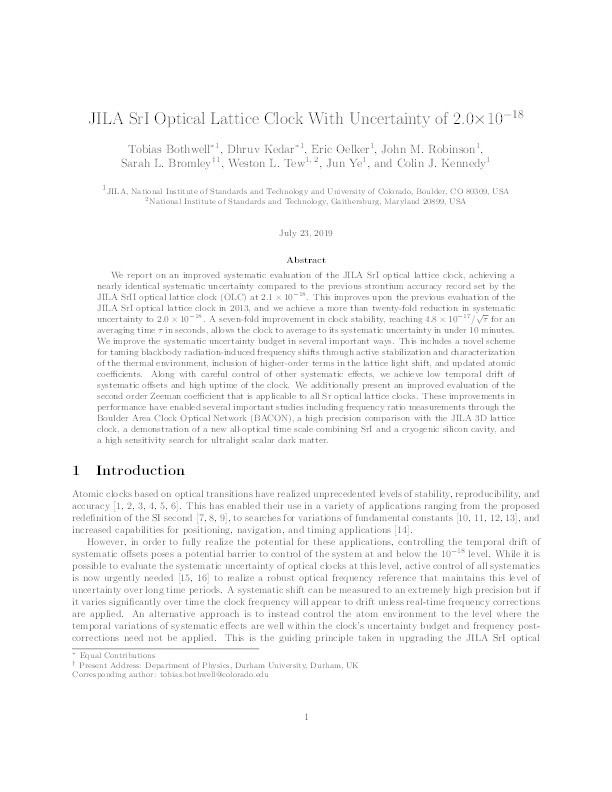 JILA SrI optical lattice clock with uncertainty of $2.0 \times 10^{-18}$ Thumbnail